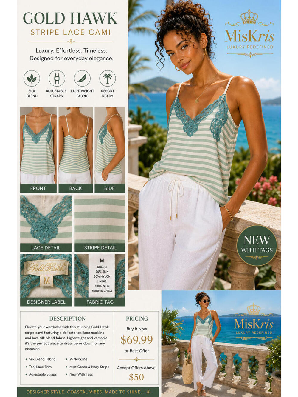 Gold Hawk Stripe Lace Cami Mint Green Ivory Silk Blend Tank Top Size M NWT